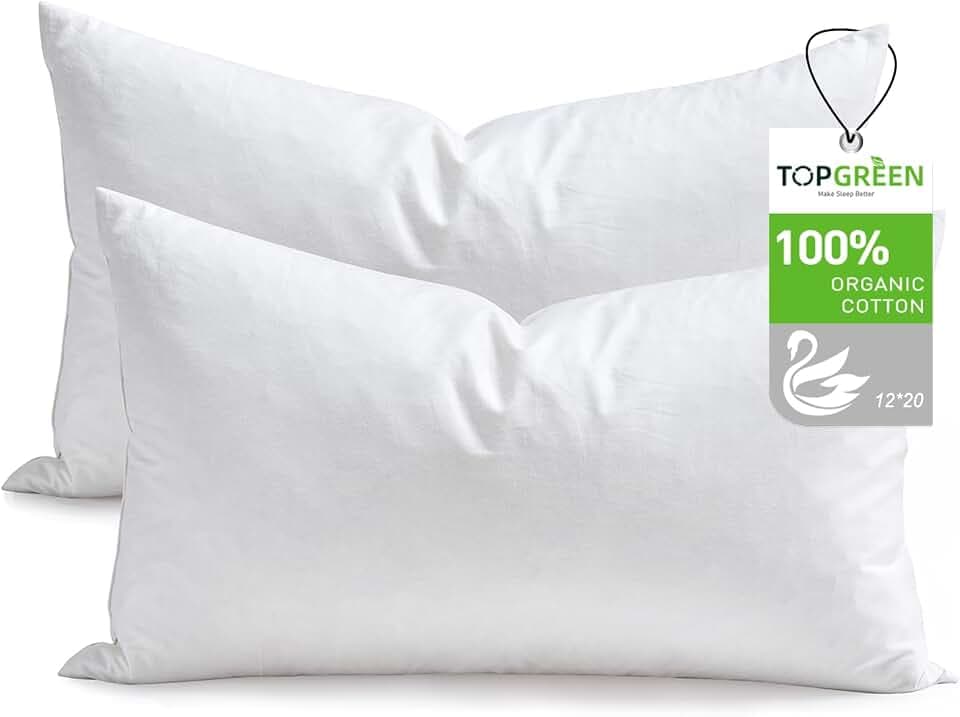 TOPGREEN Ogranic Feather Down Lumbar Pillow Insert 12x20, Pack of 2, White