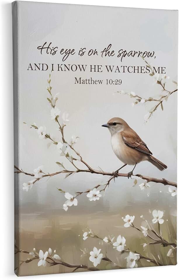 HIWX Christian Bird Wall Decor, Matthew 10:29 Bible Verse Farmhouse Sparrow Bird Branch Framed Canvas Painting Wall Art Decor, Religious Wall Art Home Decoration for Bedroom Living Room Church, 16x24