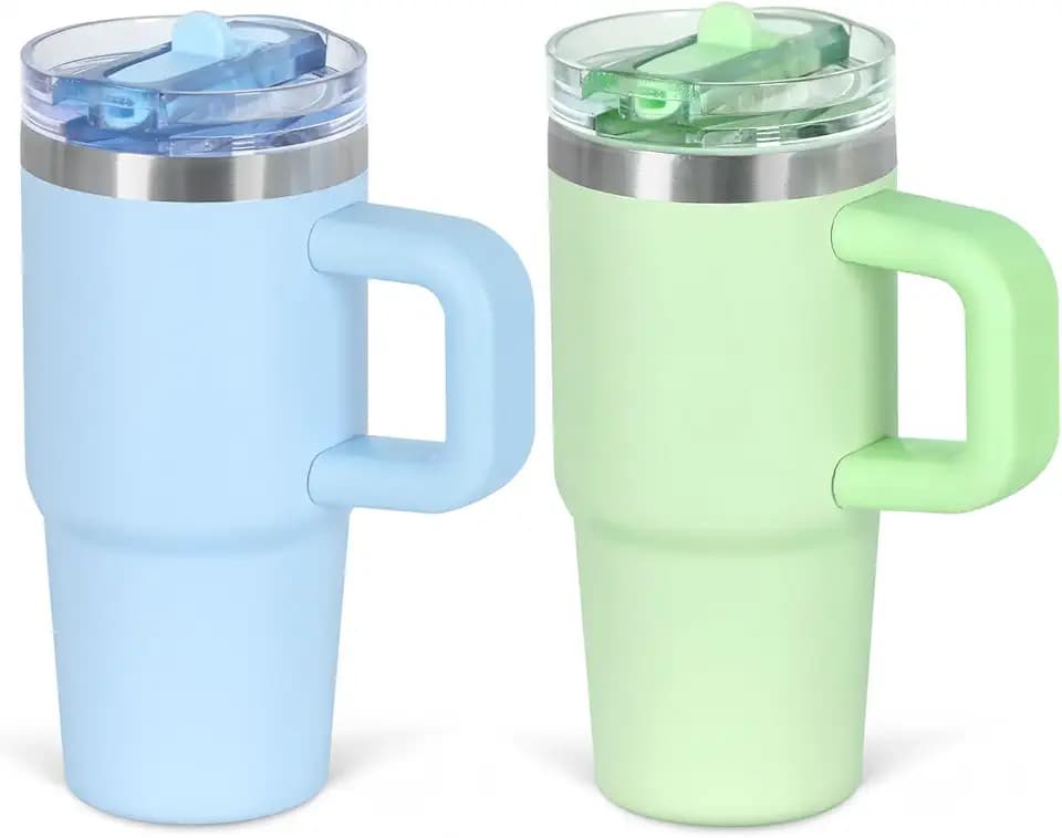 Cosictic 14 Oz Flip Straw Tumbler with Handle for Kids, Stainless Steel Double Wall Insulated Cup for Children with Flip Top Lid, 14 Oz Leak-proof Cups for Kids, Sky Blue and Green