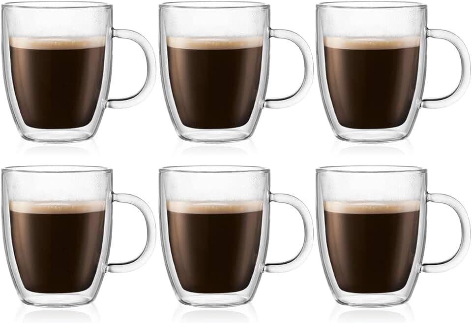Bodum 10oz Bistro Double Wall Insulated Mug, High-Heat Borosilicate Glass, Set of 6, Clear