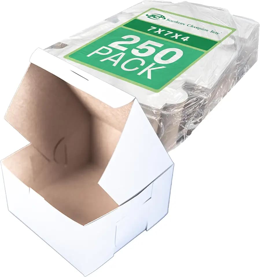 SCT Bakery Premium Paperboard Bakery Box, Donut Box & Cake Box (250 Pack), 7 x 7 x 4 Inch, White Food Tray, Grease & Moisture Resistant, Recyclable & Compostable, 0921