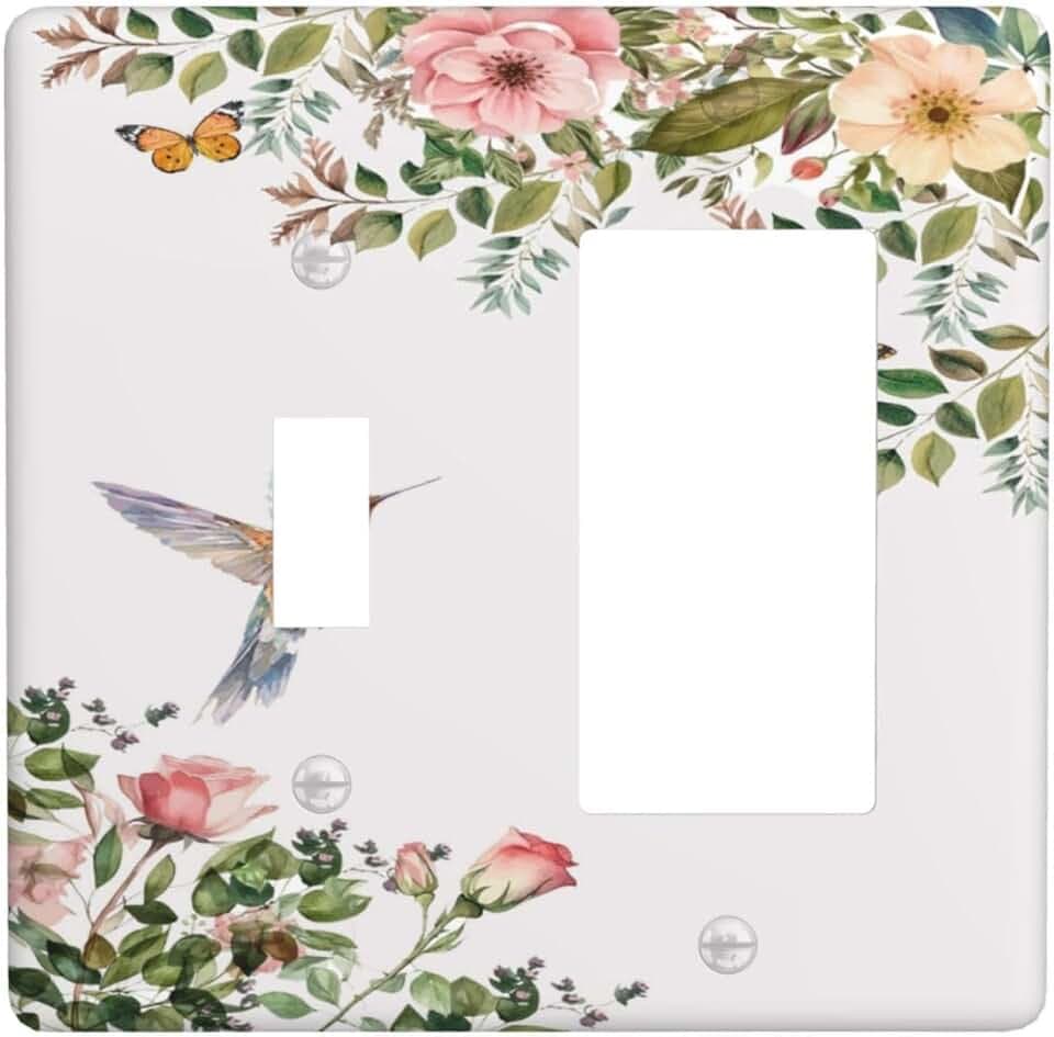 Bird Floral Green Leaves Hummingbird 2 Gang Toggle Rocker Light Switch Plates Outlet Covers Decorative Electrical Wall Plate Receptacle Switchplate Decorate Plug Cover For Bathroom 4.5 * 4.5 Inch