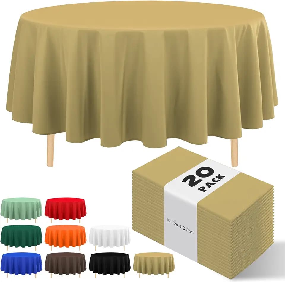 Gold Plastic Tablecloth 20 Pack, 84 Inch Disposable Round Table Cover, Waterproof Table Cloths for 6 to 8 Foot Round Tables, Party Birthday Wedding Indoor Outdoor