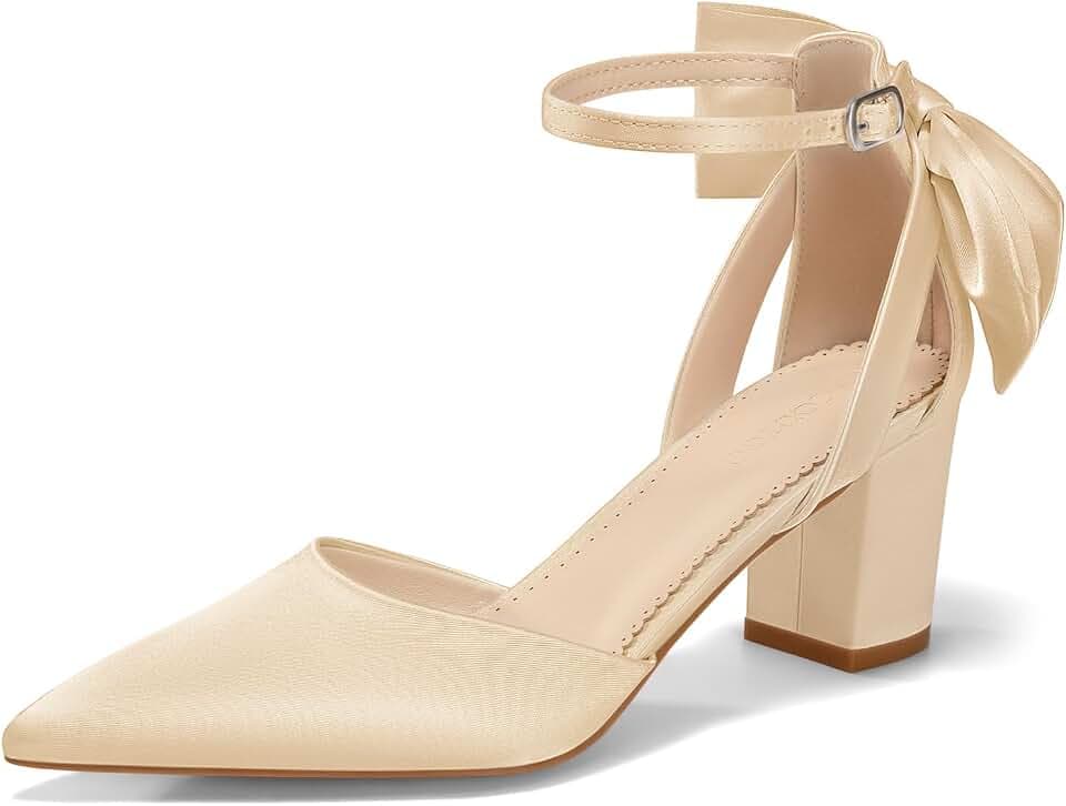 Coutgo Women's Chunky Heels Ankle Strap Pointed Toe Pumps