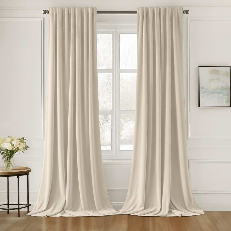 MIULEE Cream Beige Velvet Pinch Pleat Blackout Curtains W52 X L96 Inches