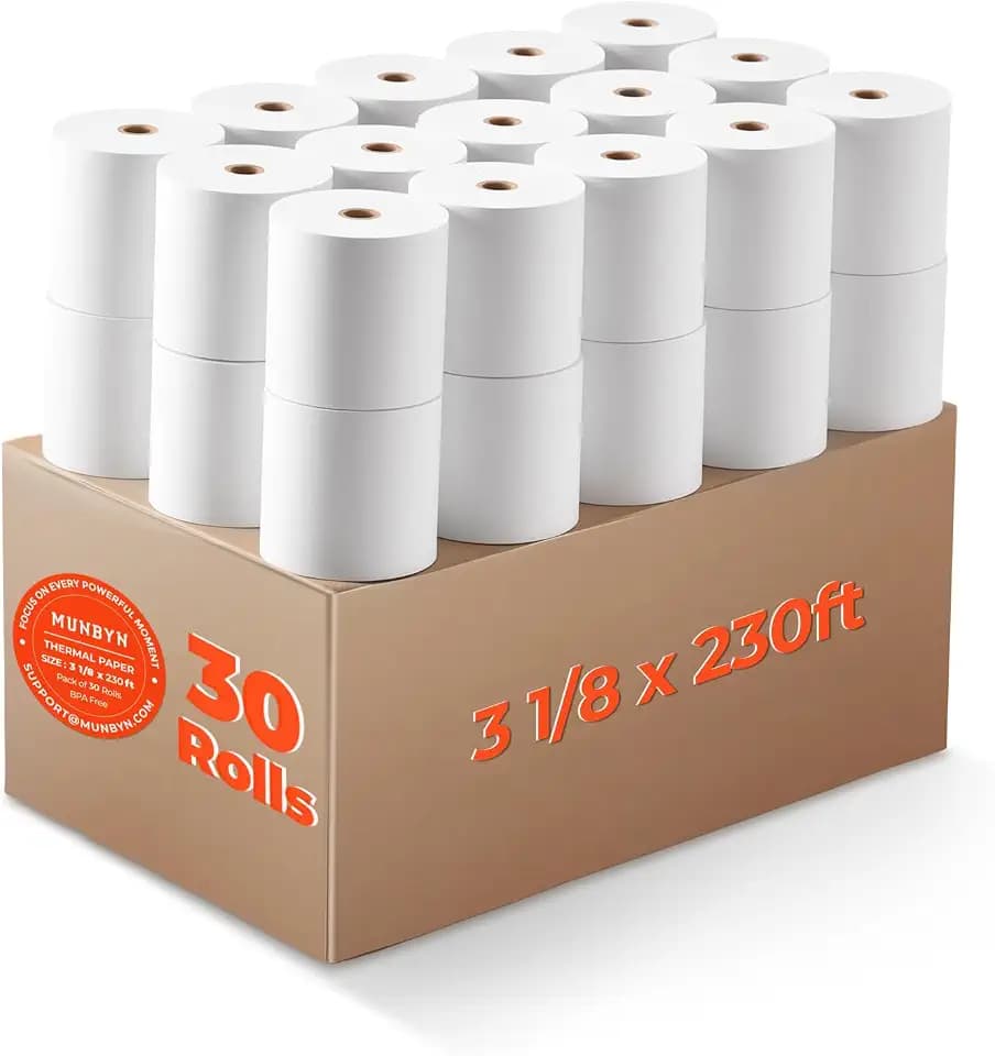 MUNBYN Thermal Paper 3 1/8 x 230ft, 30 Rolls Receipt Paper Work for Star Micronics TSP100 TSP143 Epson 80mm Receipt Printer Square POS Register Credit Card Terminals, Pos Register Paper BPA Free