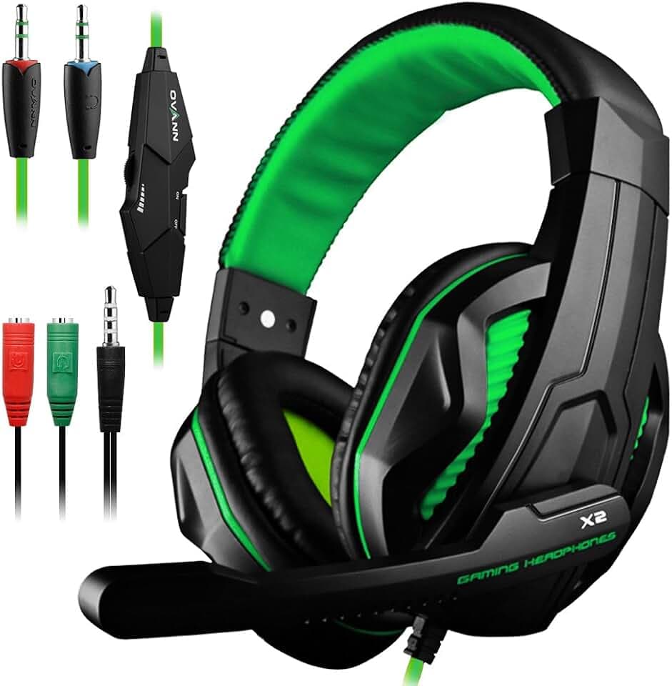 DLAND Gaming Headset, 3,5-mm-Kabel-Bass-Stereo-Geräuschisolation Gaming-Kopfhörer mit Mikrofon für Laptop-Computer, Mobiltelefon, PS4 und so weiter - Lautstärkeregler (Schwarz und Grün)