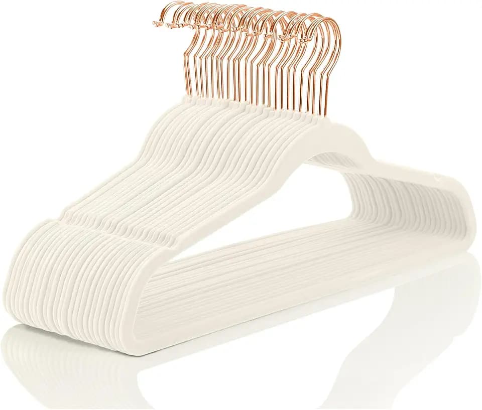 MIZGI Ivory Velvet Hangers 60 Pack Non Slip Heavy Duty Rose Gold Hooks