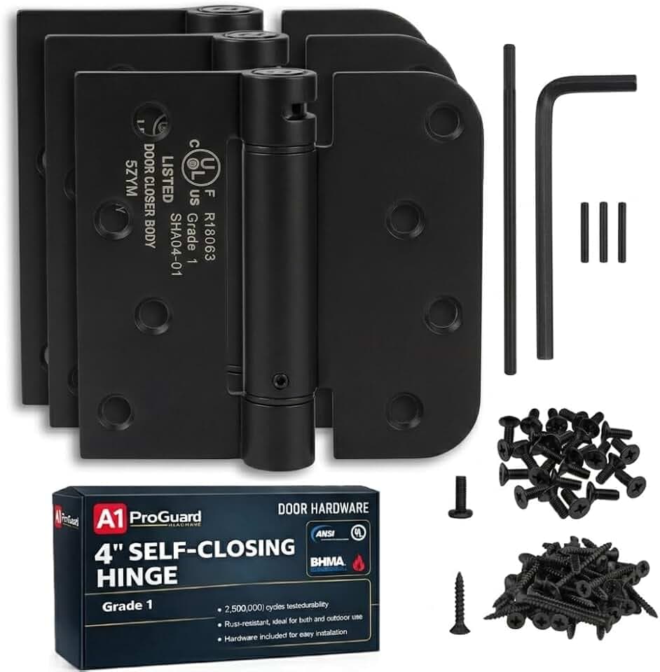 A1 ProGuard - Self Closing Spring Loaded Hinges, 4 Inch, Adjustable Tension for Garage, Front, Back Door,Door Closer Hinge, Left/Right Hand, 5/8'' Radius and Square Corners, Black Color, 3 Pack
