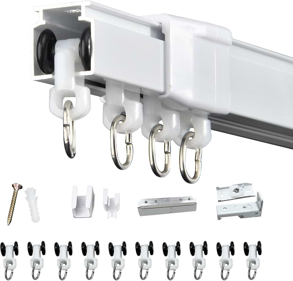 37-142in Telescopic Ceiling Curtain Track System for Curtains,Retractable Measurement Free Heavy Duty Curtain Rail Track Set as Room Divider,Adjustable Sliding Wall Mount Aluminum Curtain Track