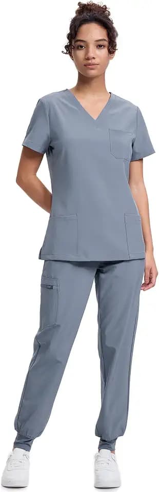 floralhue Scrubs for Women, V-Neck Top & Cargo Pants with 10 Pockets