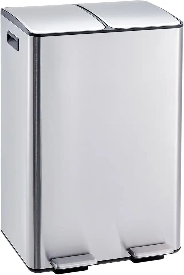 OUTLANE 16 Gal /2 x 30 L Dual Kitchen Trash Can, Stainless Steel Garbage Can with Soft-Close Lid and Inner Bucket, Double Compartment Trash and Recycle Bin Combo for Kitchen Home Office, Silver