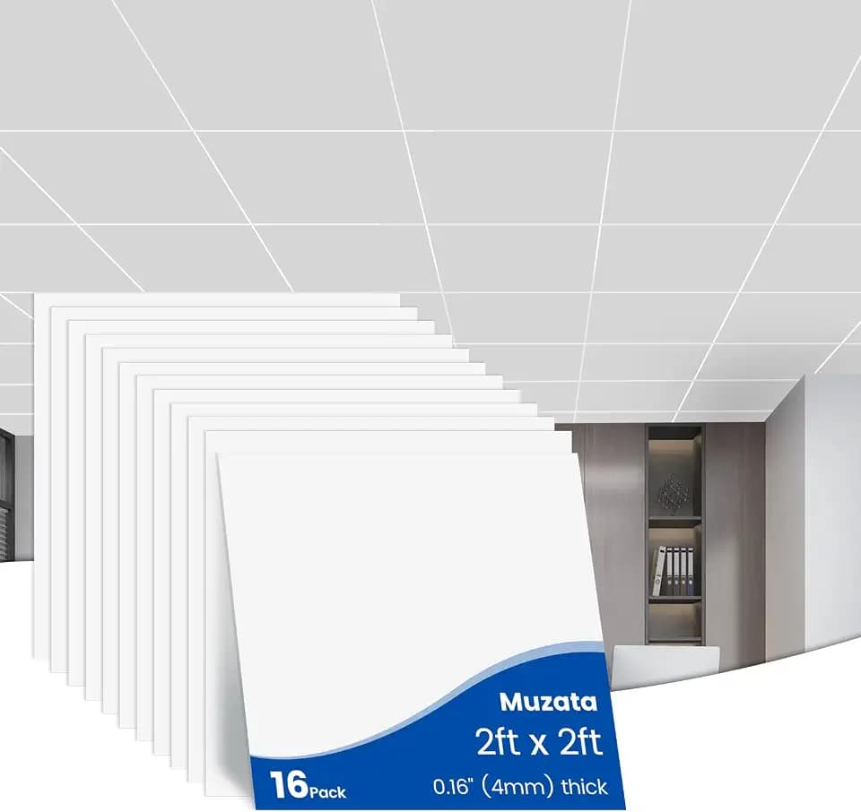 Muzata 16Pack 2FT × 2FT Drop Ceiling Tiles Smooth White PVC TBP0