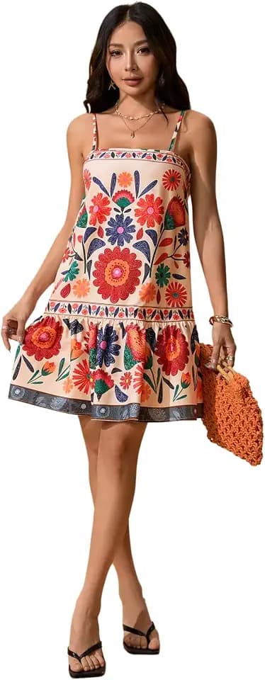 RoseSeek Women's Tropical Floral Dress Spaghetti Strap Camisole Sundress