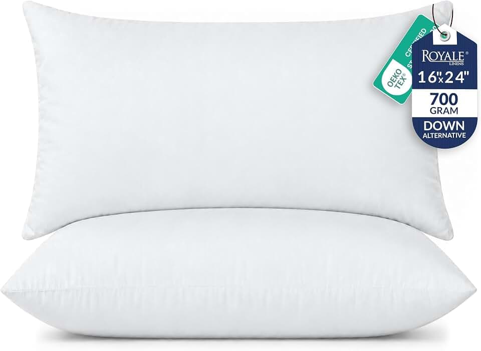 ROYALE LINENS 16 x 24 Pillow Insert - Down Alternative Throw Pillows Insert - Rectangle Pillow Pack of 2 White - Bed & Couch Pillows - Inner Cushion for Bed, Cushion for Living Room - Shams Stuffer