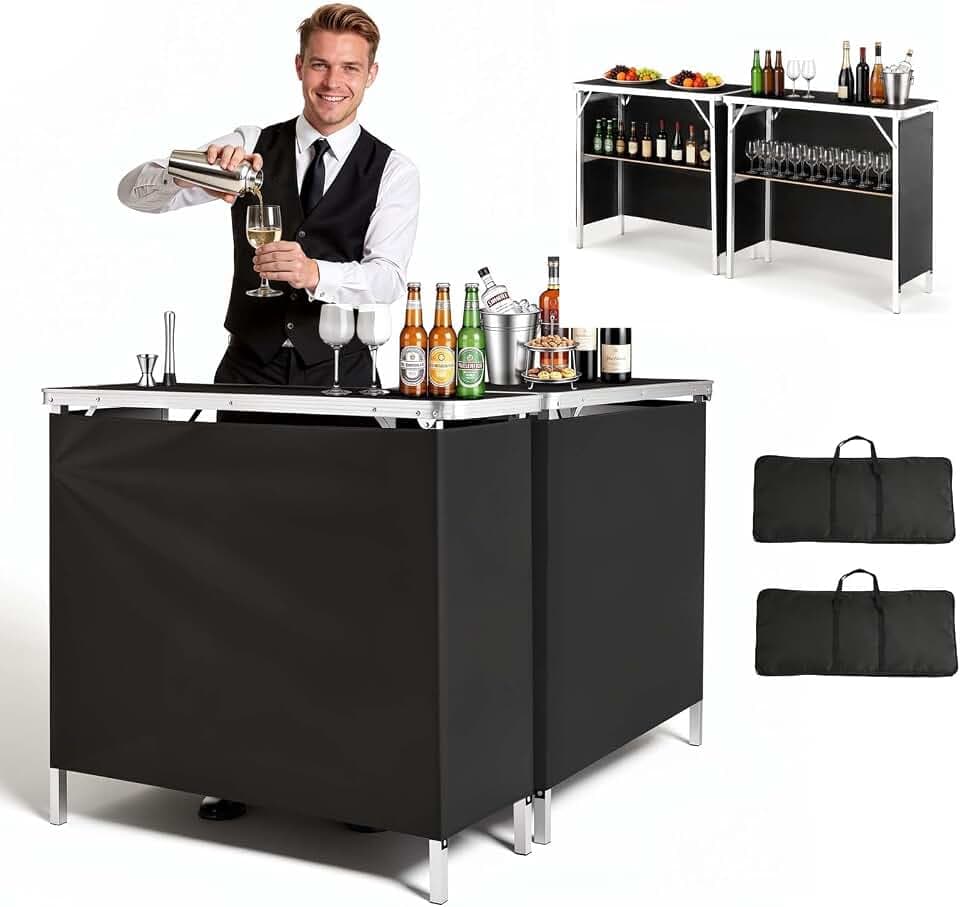 VEVOR Folding Portable Bar Table, 2 pcs, 38.6 x 15.2 x 34.3 in, with Carry Bag, Storage Shelf, Detachable Skirt, Quick and Easy Setup, Foldable Mobile Bartending Station for Events, Party, Tradeshow