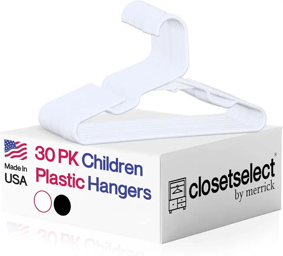 Closetselect Childrens Hangers 30 Pack - 11.75 Inch Plastic Kids Hangers for Closet, Baby Hangers for Children Clothes Sizes 0 to 8, Non-Slip Infant Hangers with Shoulder Grooves, Made in USA | White