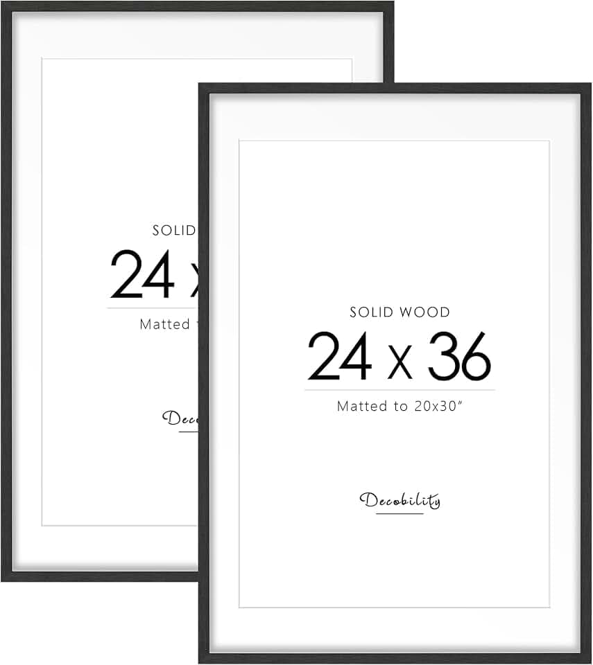 24x36 Solid Wood Picture Frame, Natural Wood Poster Frame with Paper Mat, Display picture 20x30 with mat or 24x36 without Mat, Set of 2 Black