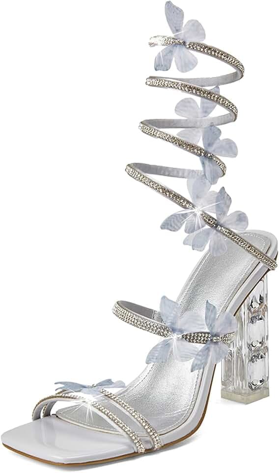 Strappy Heels Square Toe Rhinestone Butterfly Prom Dressy Sandals