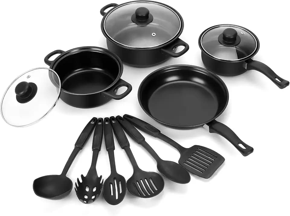 Non-Stick Cookware Set, 13 Piece Set Portable Lightweight Cast Iron Pots and Pans with Glass Lids and Nylon Utensils for Outdoor Camping Picnic Travel Cookware Black