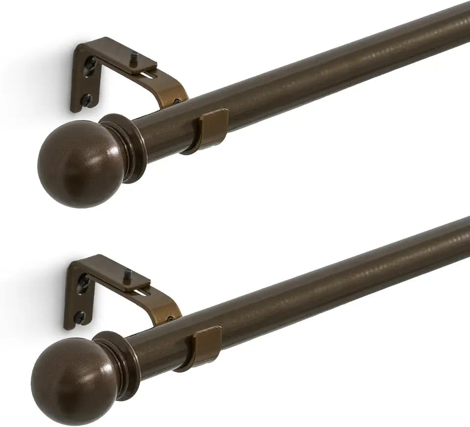 Curtain Rods for Windows 16 to 48 Inch (1.3-4 Feet), 2 Pack 1 Inch Diameter Adjustable Curtain Rod with Ball Finials, Heavy Duty Metal Drapery Rod Holds up to 30 lbs for Kitchen Bedroom WAZLEX Bronze