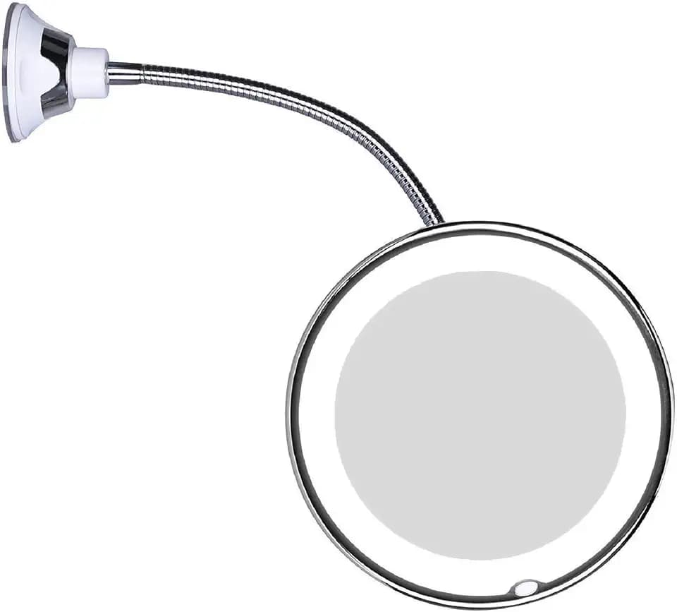 JiBen Flexible Gooseneck LED Lighted 10X Magnifying Makeup Mirror with Power Locking Suction Cup and 360 Degree Swivel, Portable Cordless Travel and Home Bathroom Vanity Mirror