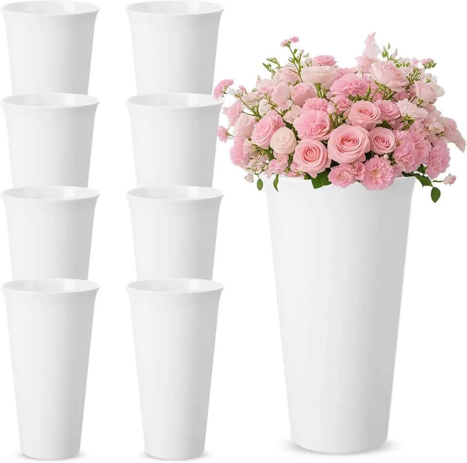 8 Pack Flower Buckets 9.84 Inch Plastic Flower Vases, Pure White