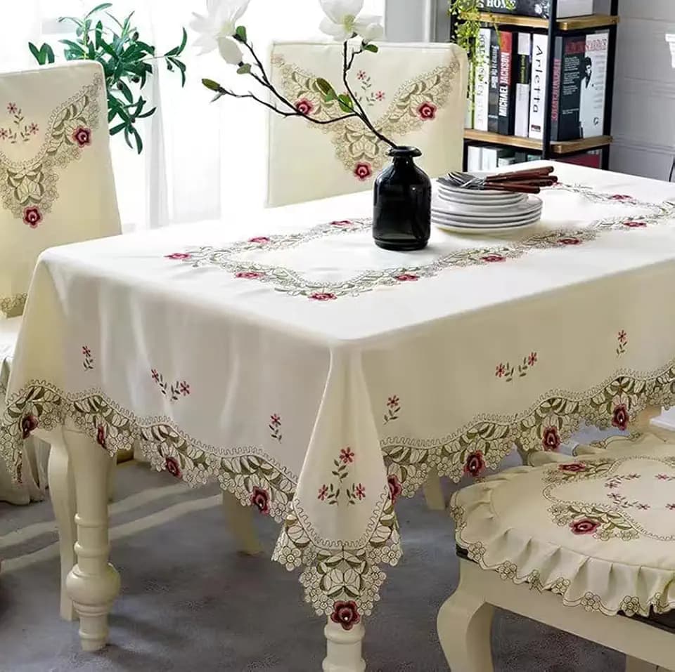MULBESS Washable Rose Flower Embroidered Lace Tablecloth Dust-Proof Table Cloths Rectangle Fabric Table Cover for Kitchen Dinner Picnic Outdoor and Indoor Home Decor (Oblong, 57 x 84 inch)