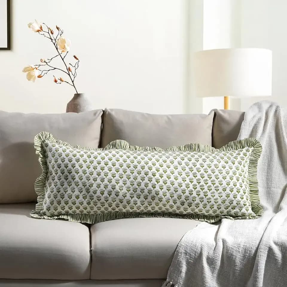 CPC Emerald Green Block Print Ruffle Sham Pillow Cover 14x36 Inch Pack of 1