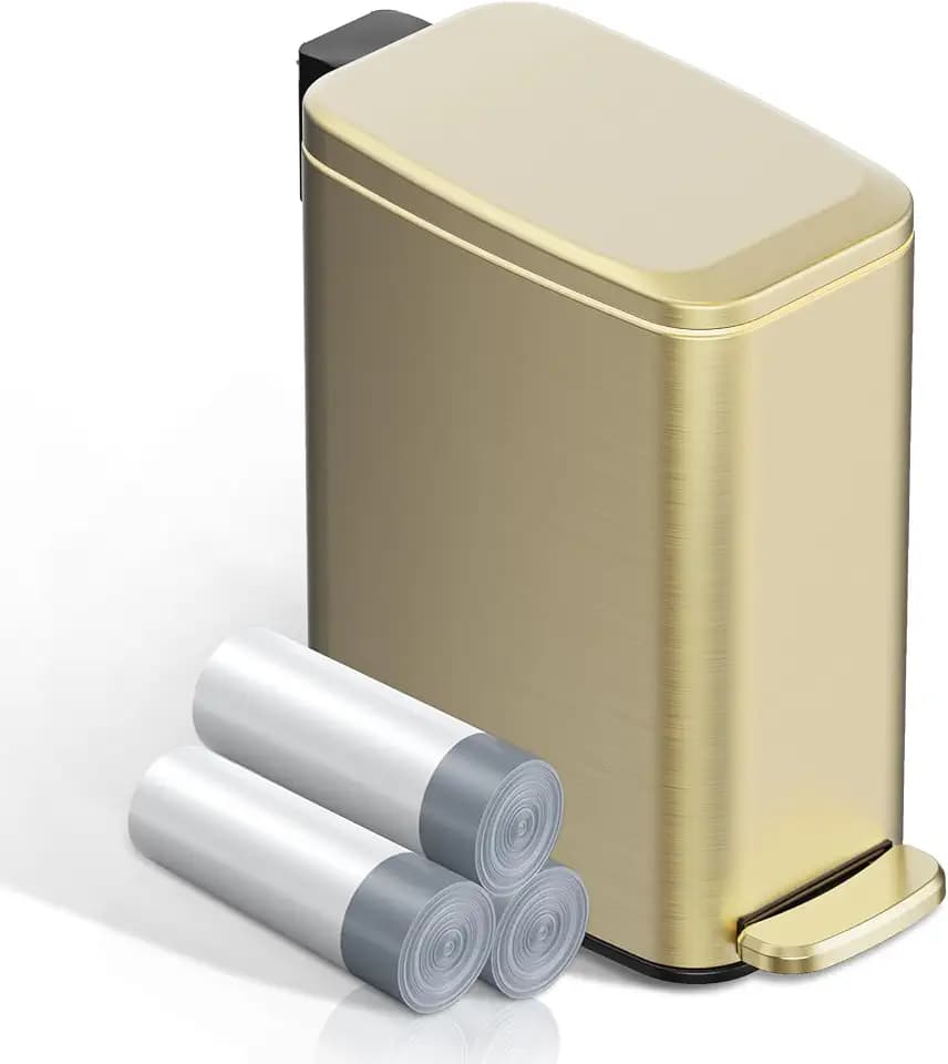KSSKSS Small Bathroom Trash Can with Lid Soft Close, Step Pedal, 6L / 1.6 Gal Stainless Steel Garbage Bin with Removable Inner Bucket, Slim Wastebasket for Narrow Spaces (Gold)