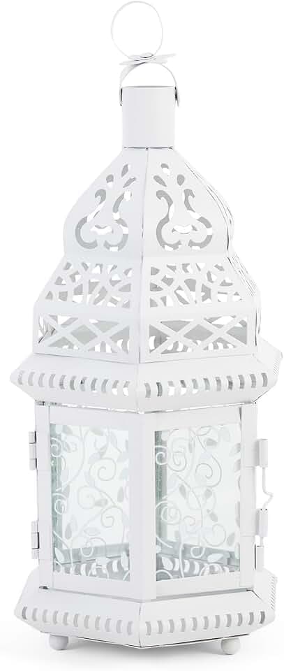Accent Plus Christmas Decorations Indoor Lantern Decorative Outdoor Christmas Decorations Candle Lantern Moroccan Candle Holders Metal Hanging Lantern, White 6 X 5 X 12 Inches