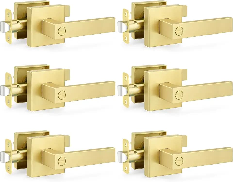 Estmoon 6 Pack Gold Door Handles Interior Door Knobs with Satin Brass Finish, Heavy Duty Zinc Alloy Privacy Keyless Door Locks for Bedrooms Bathrooms, Reversible for Left & Right Handled Doors