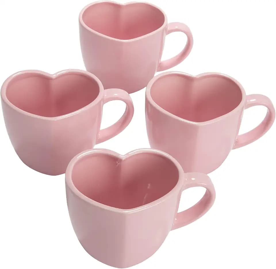 Paris Hilton Heart Shaped Ceramic Mug Set, Chic Stoneware Coffee Mugs for Coffee, Tea, Hot Cocoa, Microwave and Dishwasher Safe, 4-Piece, 14-Ounce, Pink
