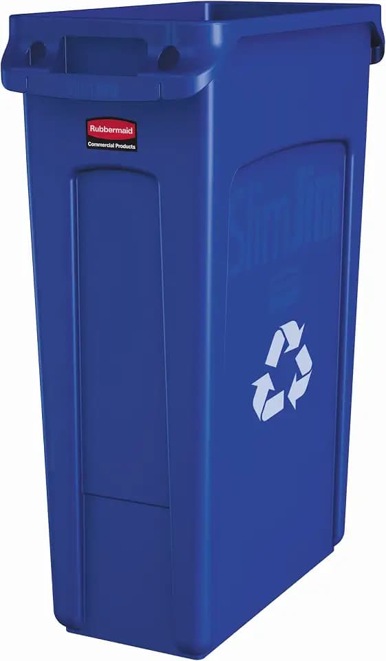 Rubbermaid Commercial Products Slim Jim Plastic Rectangular Recycling Bin/Trash Can with Venting Channels 23 Gal Blue for Kitchens/Classrooms/Offices/Back of House