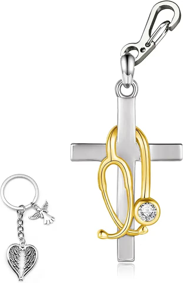 Cross & Stethoscope Badge Charm with Angel Wing Keychain – Nurse Badge Reel Accessories ID Lanyard Clip-On, Nursing Student RN LPN CNA MA Badge Buddy Healthcare Worker Gift