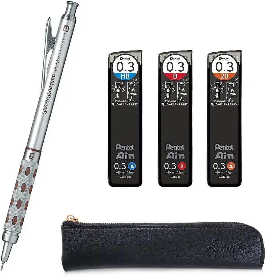 Graph Gear 1000 Mechanical Drafting Pencil + Ain HB/B/2B leads, original Black slim pen case (0.3mm)