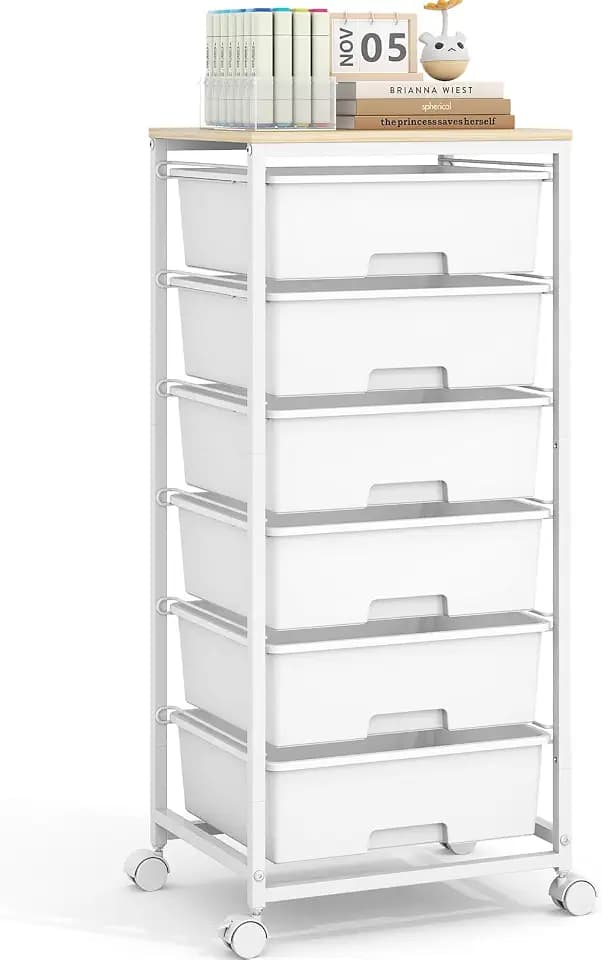 6 Drawer Rolling Storage Cart with Wooden Top and Wheels for Crafts,White