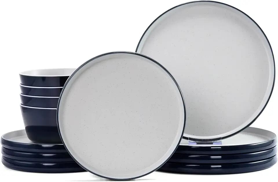 Melamine Dinnerware Sets,Plate and Bowl Set for 4,Navy Blue,Gray