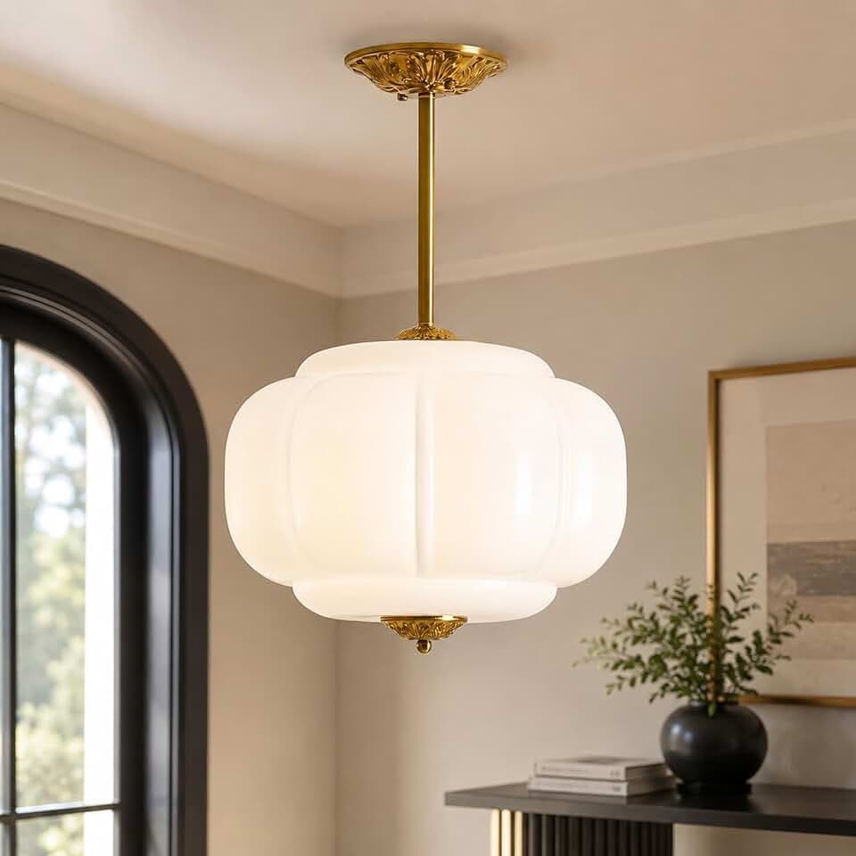Milk Glass Semi Flush Pendant Light,Adjustable Height,Vintage Style