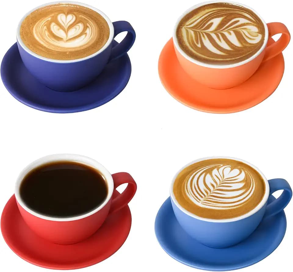 Yundu Cappuccinotassen Set 4x 300ml – Keramik-Kaffeetassen mit Untertassen, Mattierte Dunkeltöne-Mix für Latte Art & Barista, Großes Mokka Tassen & Untertassen Set