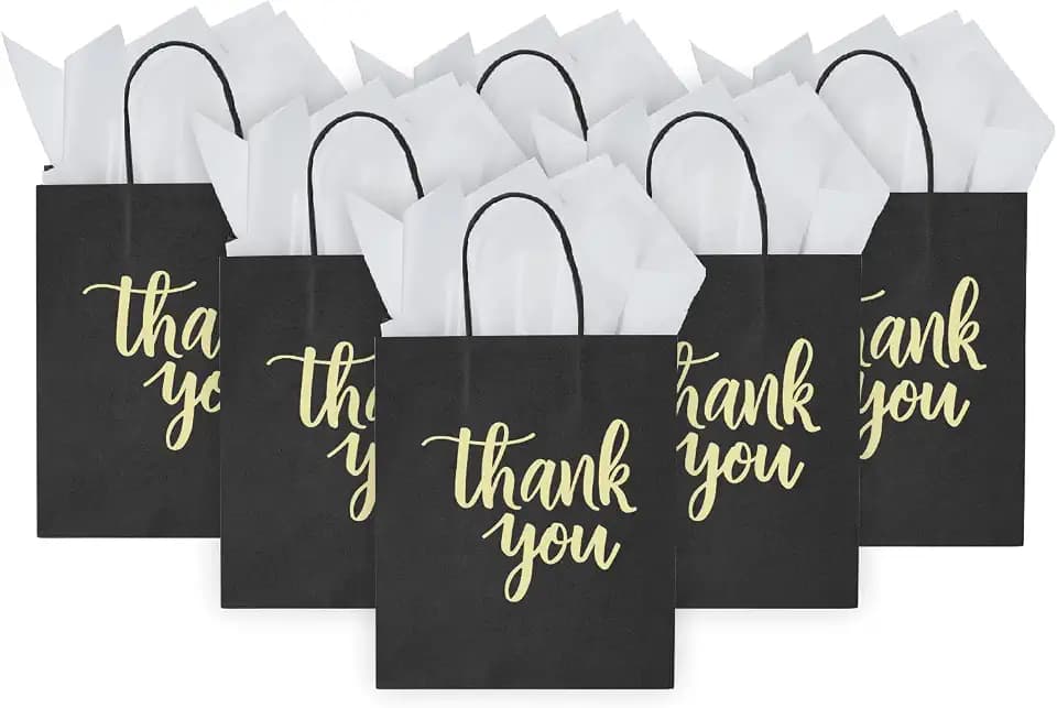 DjinnGlory 50 Pack Medium Sized Black Thank You Paper Bags with Handles 10x8x4 Inches and White Tissue Paper for Small Busines Wedding Baby Shower Graduation Party Favors Treats Goodies