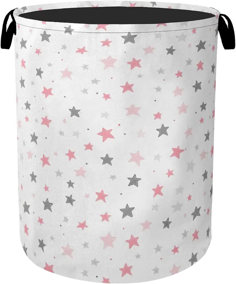Cute Pink Stars Foldable Canvas Laundry Basket with Handles - Toy Organizer, Heavy Duty for Home,Bedroom, Dorm, Bathroom