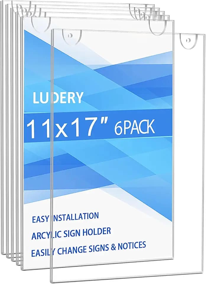 Acrylic Sign Holder 11x17 Vertical, Wall Mount Document Holder, Clear Plastic Picture Frame with Tape Adhesive and Screws for Office, Home, Store, Restaurant - 6 Pack