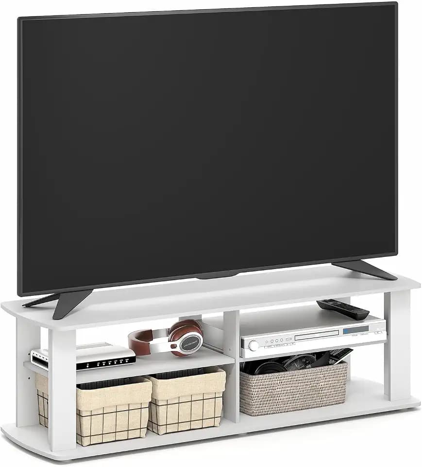 Furinno Nelly TV Stand, 3-Tier Entertainment Center with Open Shelves Storage, TV Console for TV up to 50 Inch, Soft Edges, for Living Room, Bedroom, White