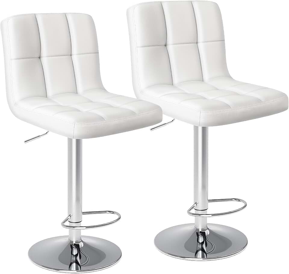 DUMOS Bar Stools Set, 24 inch Counter Height Bar Chairs, Upholstered Modern Kitchen Barstools with Metal Base, PU Leather Saddle Stools for Kitchen Island, White