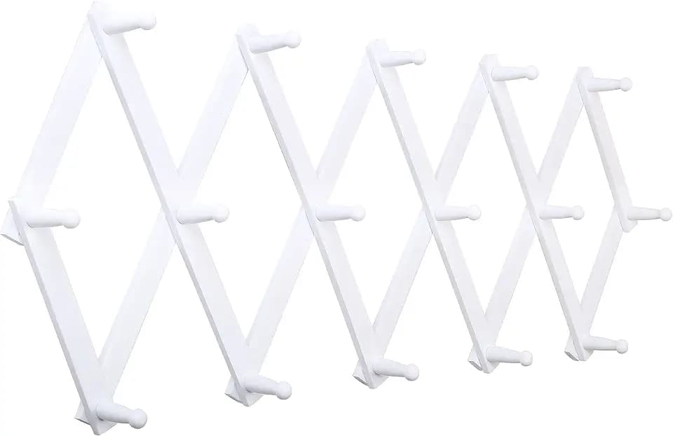 SKOLOO Accordion Wall Hanger with 16 Hooks, Modern Expandable Coat Rack Hat Rack for Wall, Solid Wooden, White