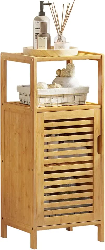 VIAGDO Bamboo Cabinet, Bathroom Storage Cabinet with Single Door and Shelf, Freestanding Bathroom Cabinet, Kitchen Cupboard, Sofa Side Table for Living Room/Hallway/Kitchen
