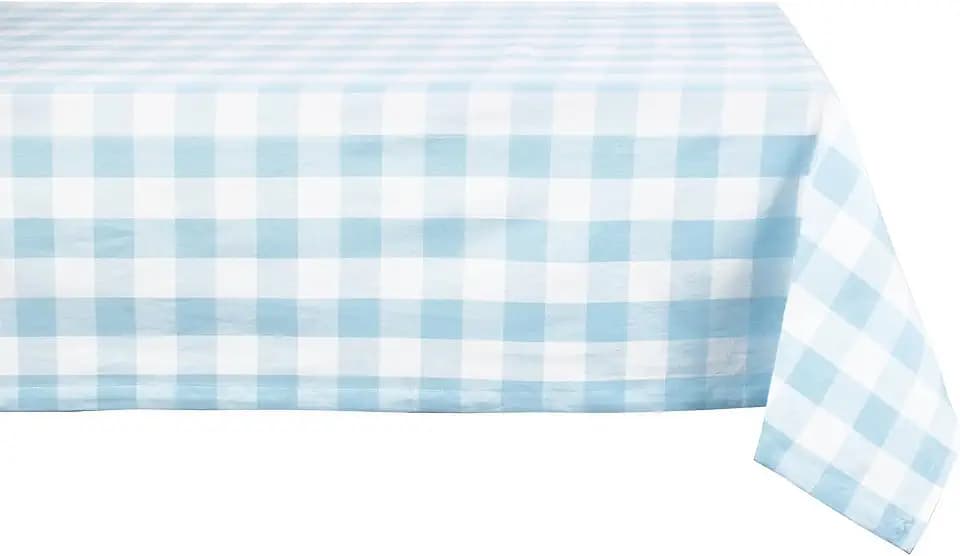 DII Buffalo Check Collection, Classic Farmhouse Tablecloth, 52 x 52, Light Blue & White