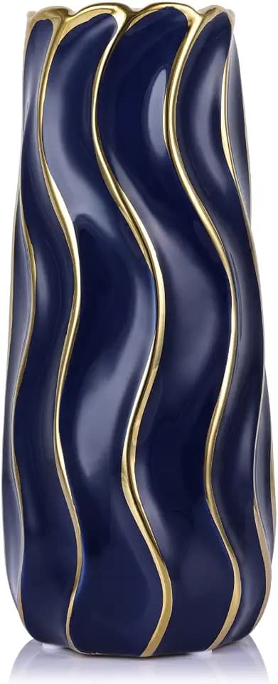 7.5" Blue Ceramic Vase - Minimalist Blue and Gold Flower Vase, Blue Decor Small Pampas Grass Vase, Boho Decorative Centerpiece Vase for Home Decor, Table, Shelf, Mantel, and Entryway