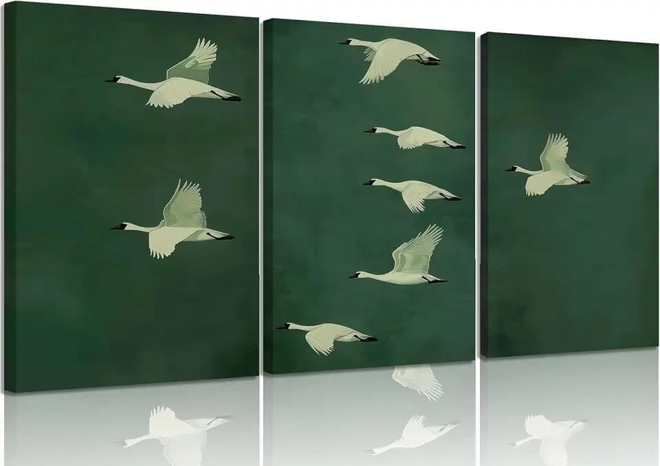 3Pcs Japanese Green Crane Wall Art Minimalist Bird Canvas 16X24in Framed